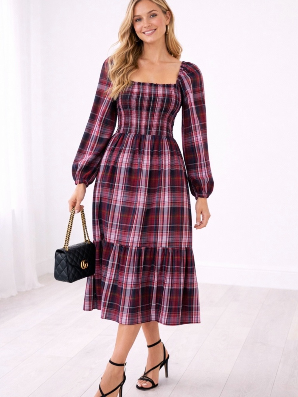 Draper James RSVP Plaid Smocked Midi Dress Long Sleeve Square Neck  XS💛